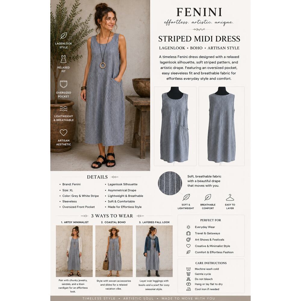 Fenini Dress Midi SZXL Sleeveless Grey White Strip Lagenlook Boho Relaxed
